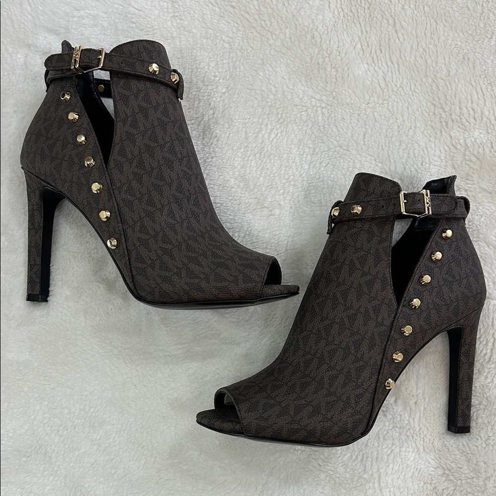 Michael Kors Brown Heeled Boots with Gold Accents